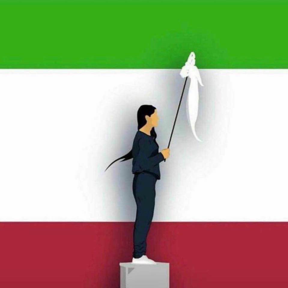 Iconic image of a young Iranian woman raising a white scarf during recent street protests
