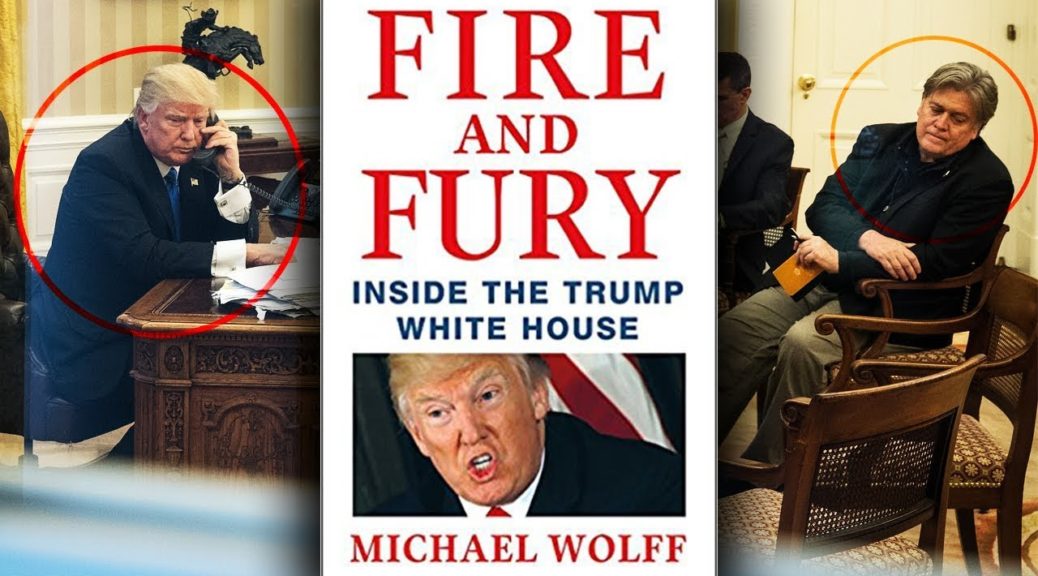 Cover image of the new book 'Fire and Fury,' along with photos of Trump and Bannon