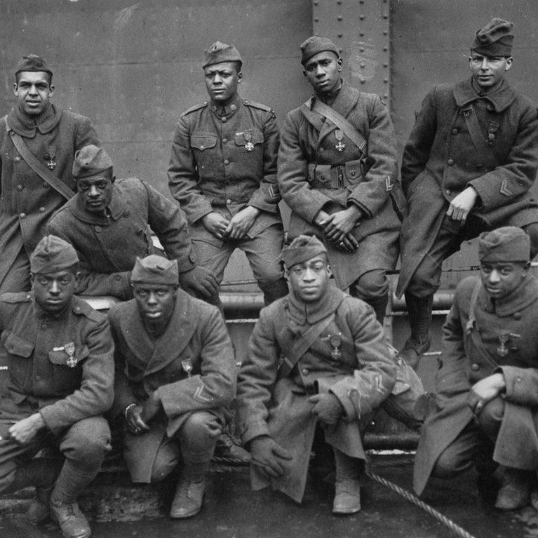 A group of soldiers from the 369th Division, known as 'The Harlem Hellfighters,' World War I