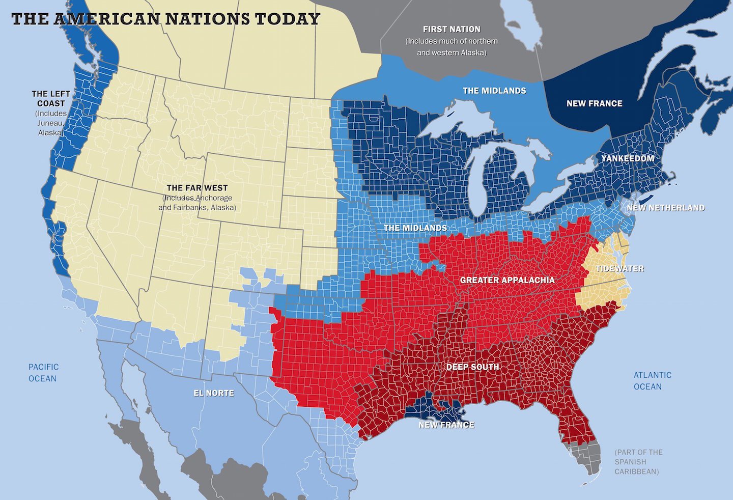 Map showing 11 separate 'nations' within America