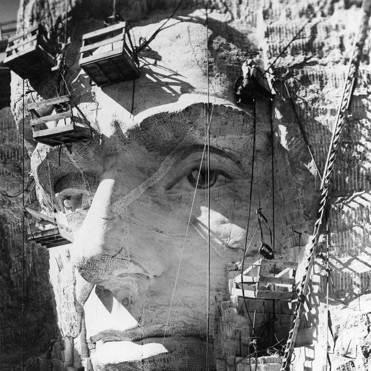 Lincoln's Head at Mount Rushmore under construction, 1937