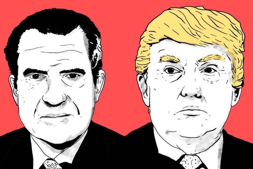 Cartoon portraits of Richard Nixon and Donald Trump
