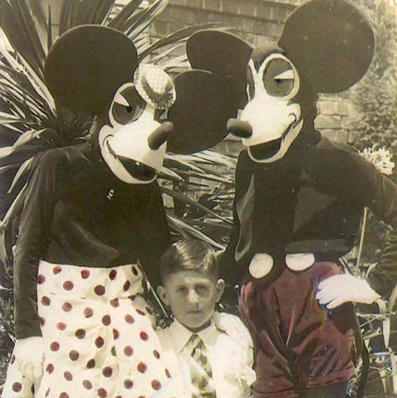 The original Mickey and Minnie Mouse costumes in 1939, before Walt Disney had them redesigned for Disneyland in 1955