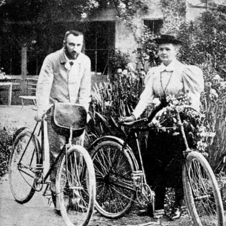 Pierre and Marie Sklodowska Curie, preparing to go cycling, 1890s