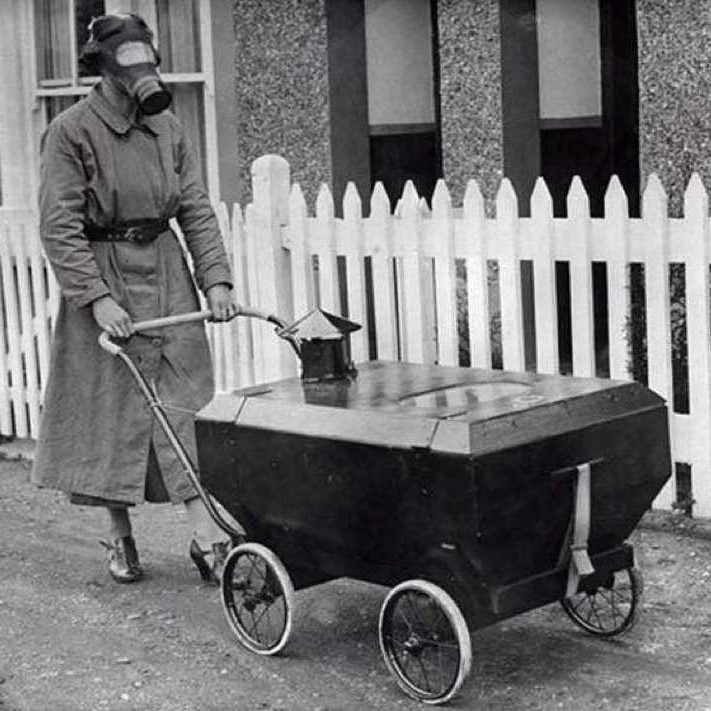 Woman with a gas-resistant pram, London, 1938