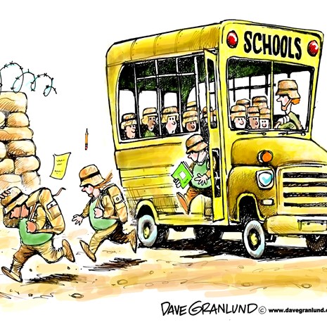 Kids leaving school bus in combat gear