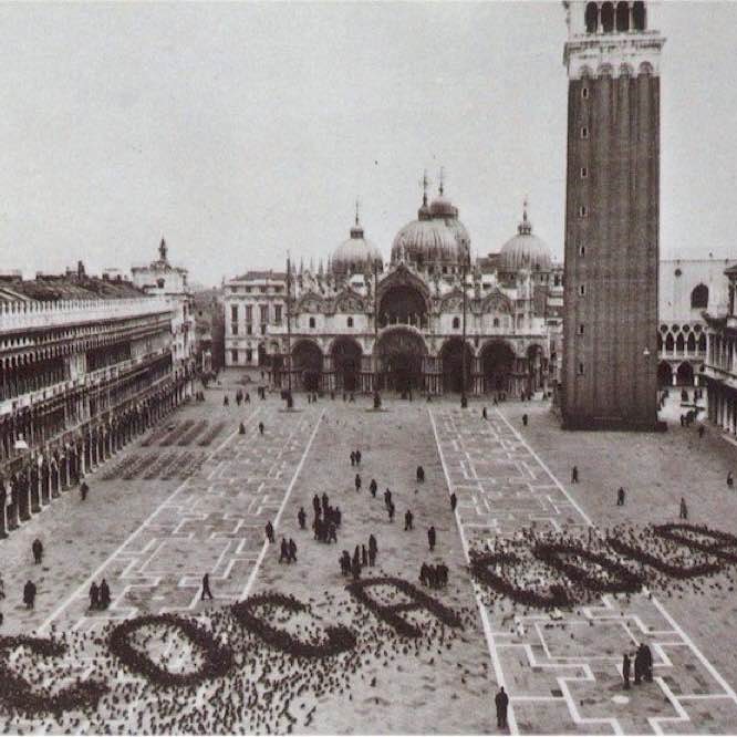 Coca Cola ad made by spreading grain for pigeons in St. Mark's Square, Venice, 1960s