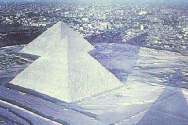 Fake snow on the Giza Pyramids
