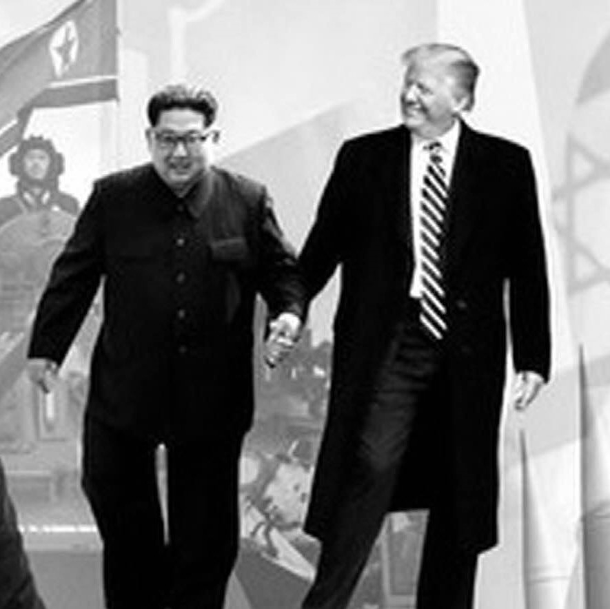 Photoshopped image of Donald Trump and Kim Jong Un hand in hand