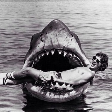 Steven Spielberg in the shark's mouth, on the set of 'Jaws,' 1975
