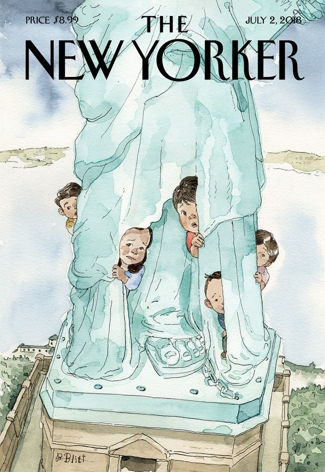 The New Yorker's cover image, issue of July 2, 2018, shows immigrant children taking refuge with Lady Liberty
