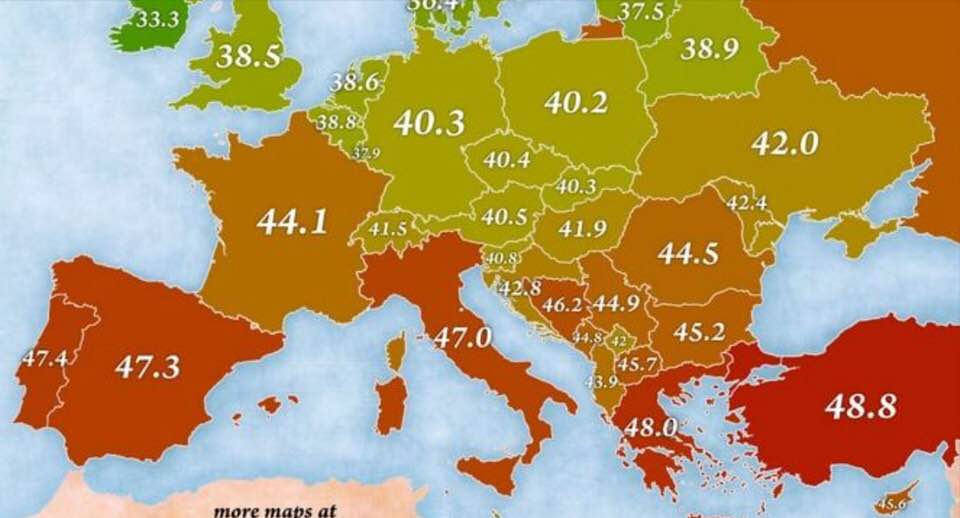 Map of Europe, with recent high temperatures
