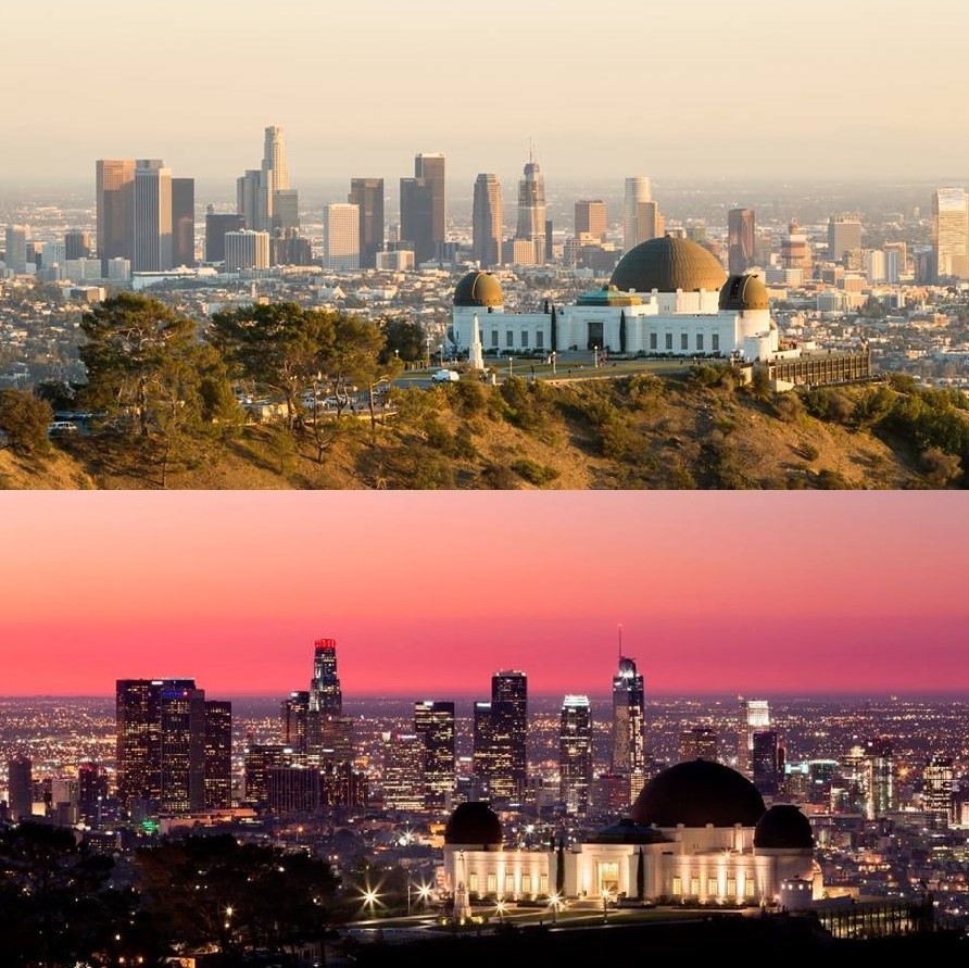 Griffiths Park Observatory sits majestically in front of the Los Angeles skyline: Day and night shots, at slightly different angles