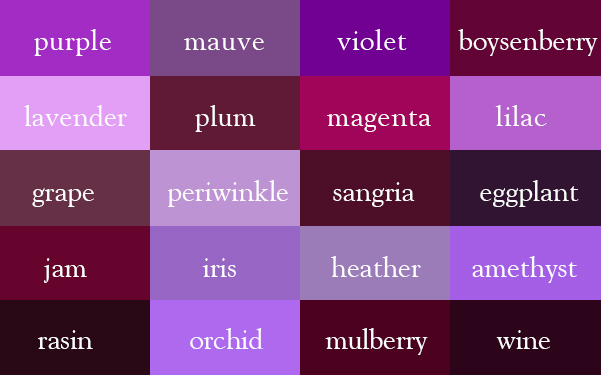Names of different shades of purple, for color-challenged people like me