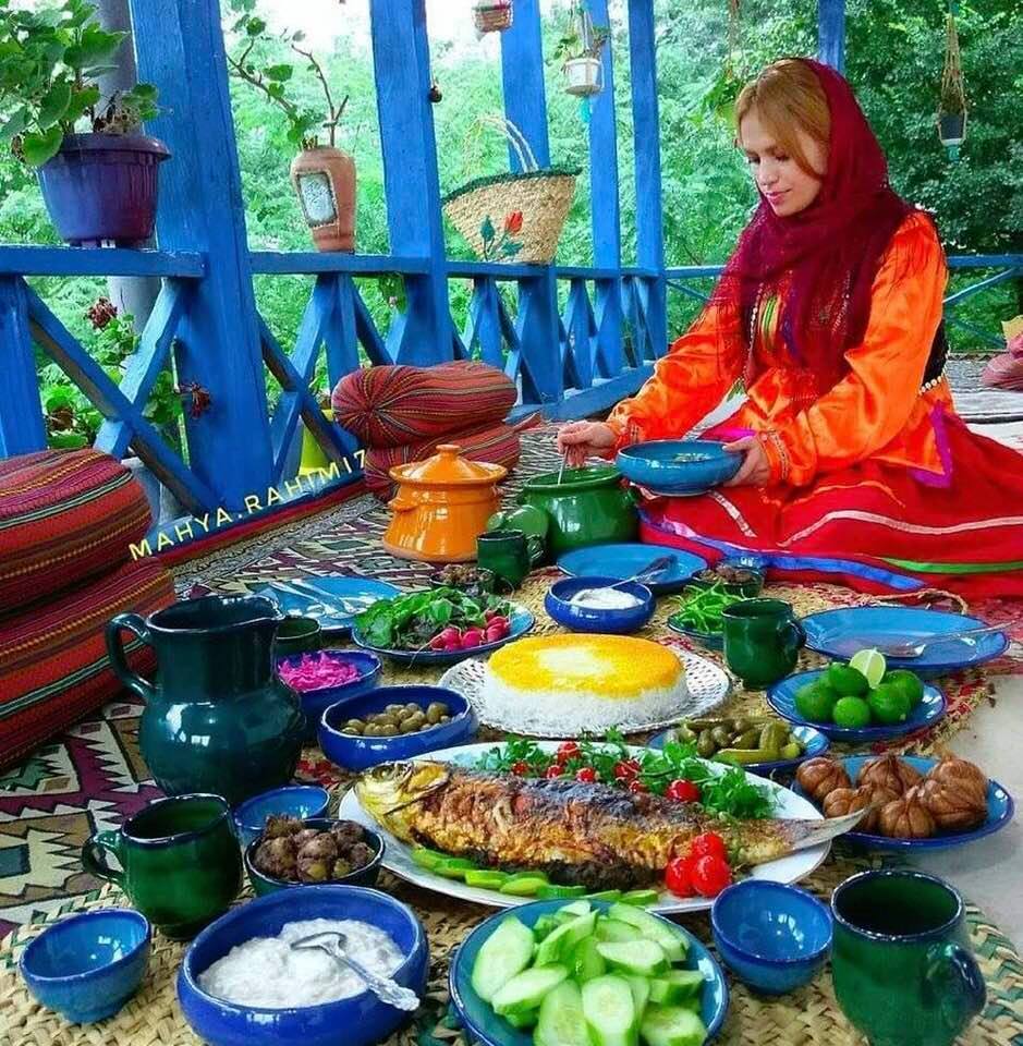 Sumptuous Iranian spread, with fish and rice as the main dish