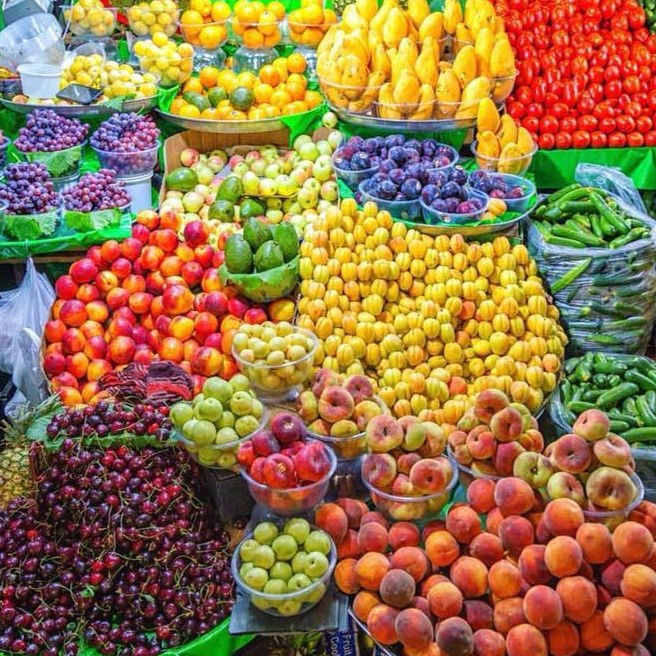 Summer fruits and vegetables on display in Tajrish Bazaar, north Tehran, Iran