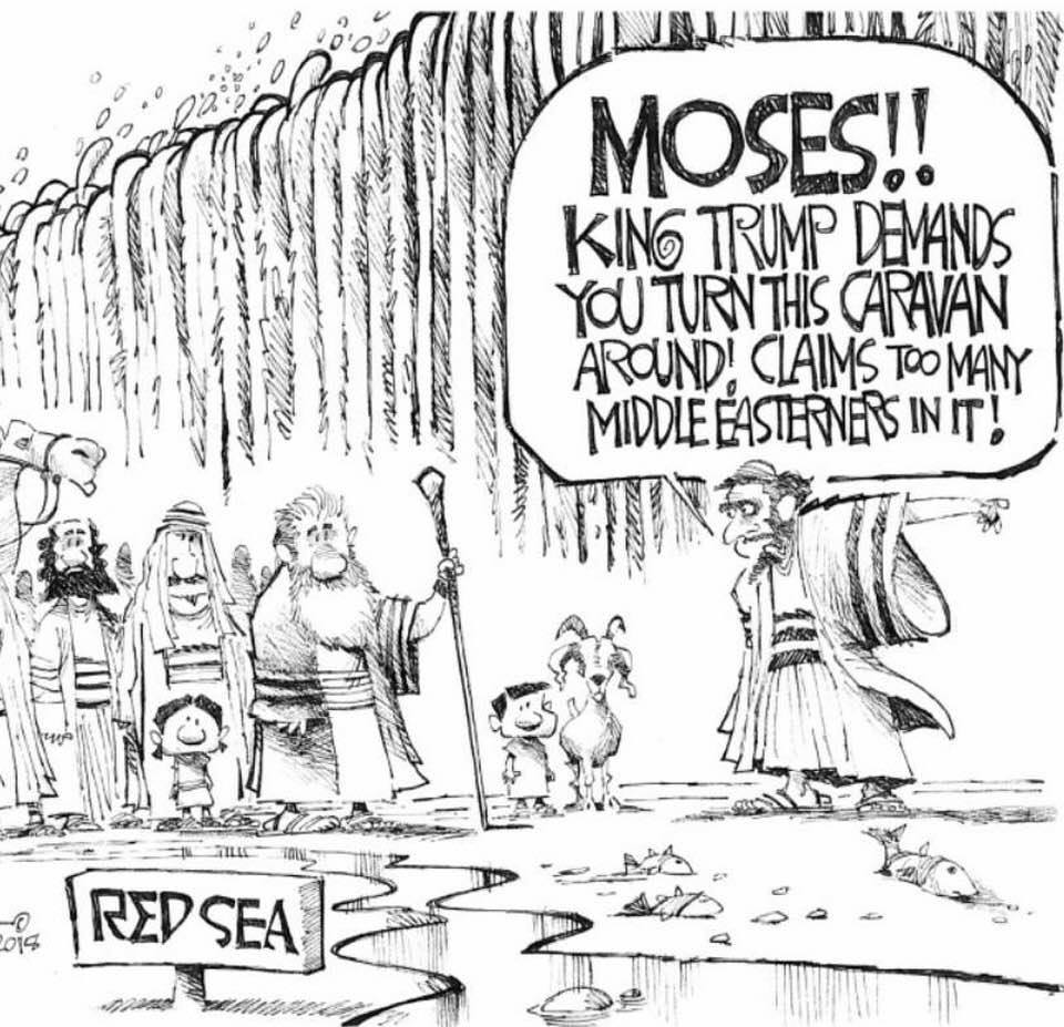 Moses is ordered to turn his caravan around, because it contains too many Middle Easterners!