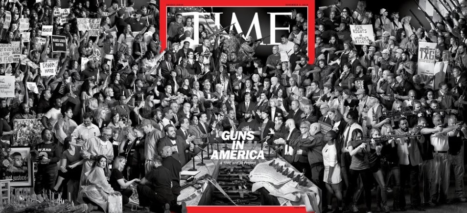 Time magazine's cover for its November 5, 2018, double-issue features a large tri-fold photo of 245 participants (hunters, activists, teachers, police officers, parents, and children), who have told their gun stories in their own words