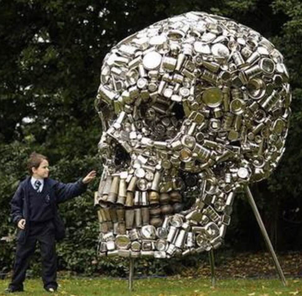 Art from scrap: Skull sculpture made of cans