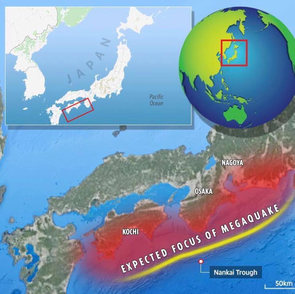 Map of Japan and the expected location of a magnitude-9.0 quake in the next 3 decades