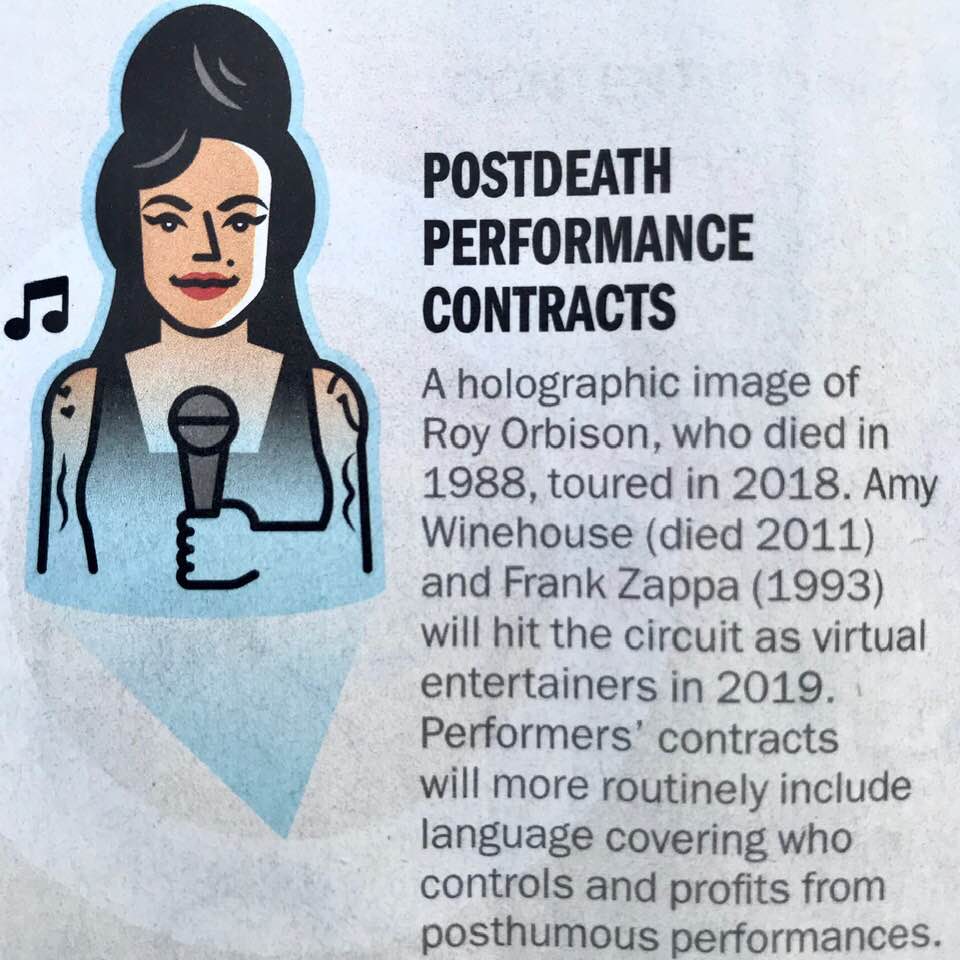Posthumous performances: Increasingly, entertainment contracts include language covering who controls and profits from virtual/holographic performances after the performer's death
