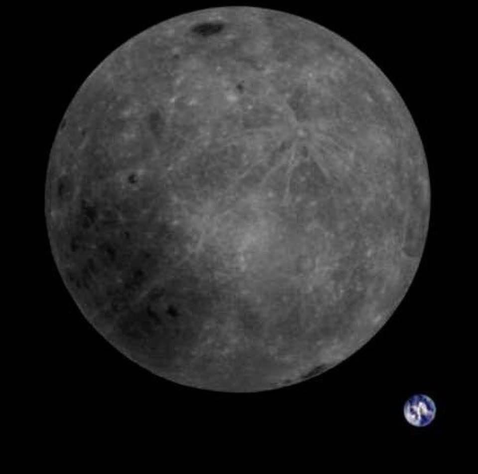 Photo of the backside of the Moon, along with Planet Earth, captured by a Chinese satellite