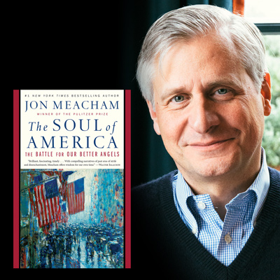John Meacham and the cover image of his book, 'The Soul of America'