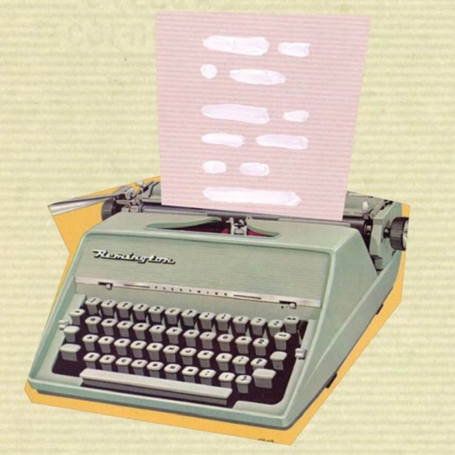 Image of a typewriter and paper, with 'white-out' blobs