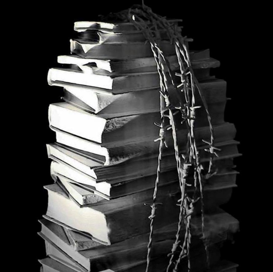 Books wrapped in barbed-wire: Art by Dusko Vukic