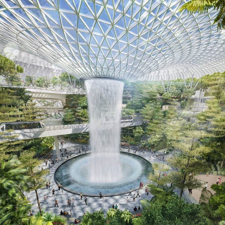 Photo showing the center of Singapore Changi Airport's Jewel dome