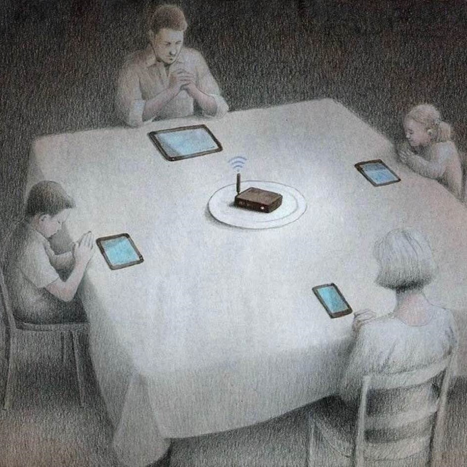 Cartoon: Modern family at the dinner table