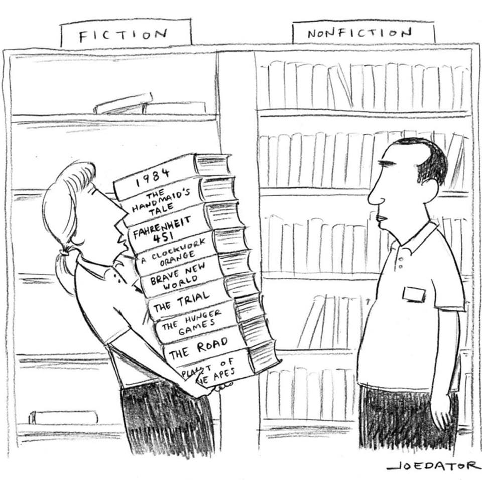 Cartoon about the need to move some works of fiction to the non-fiction department