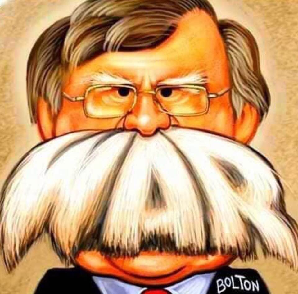 Cartoon: John Bolton, Trump administration's War-Monger-in-Chief and puppet-master, who has been wanting a war with Iran for decades