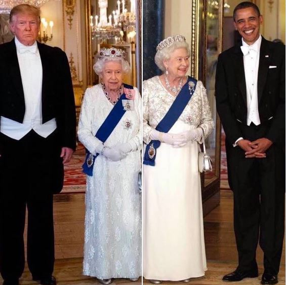 Queen Elizabeth II with Presidents Obama and Trump