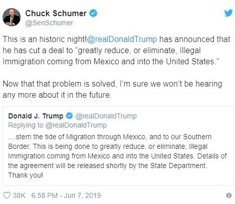Senator Chuck Schumer's sarcastic response to Trump's declaration of victory in the negotiations about illegal immigration with Mexico
