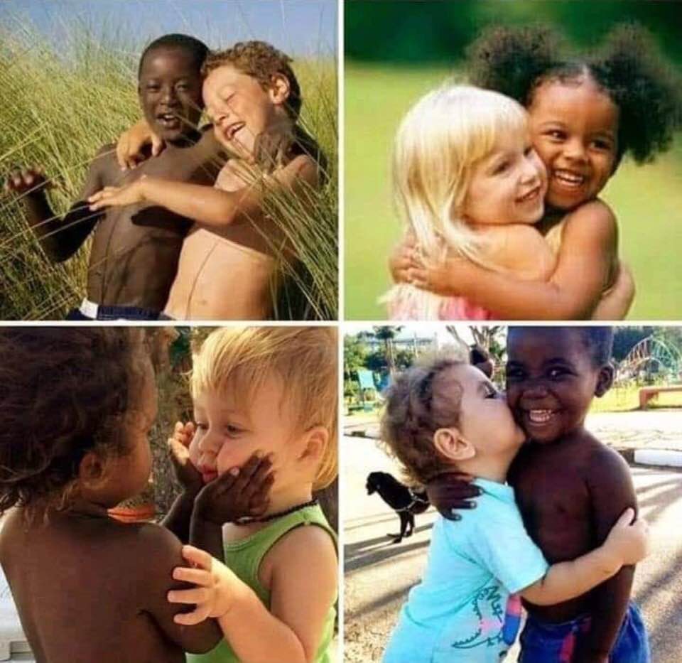 Photos of kids of different races hugging