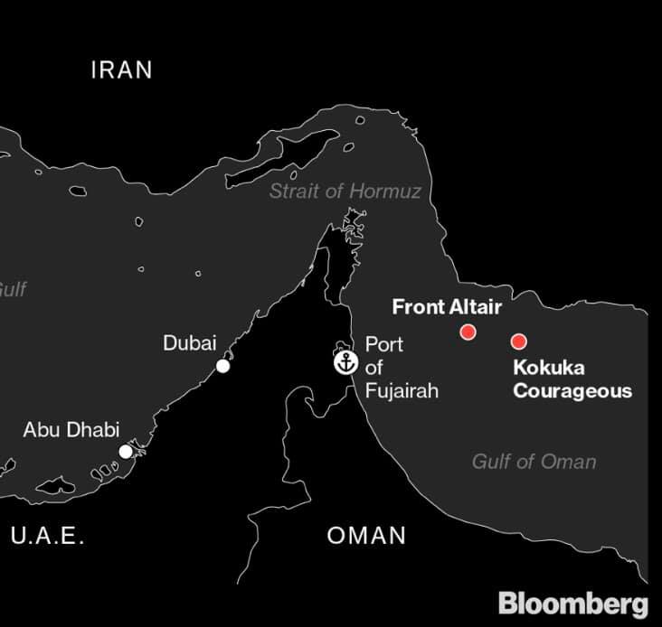 Locations of the two oil tankers attacked near Strait of Hormuz (map)