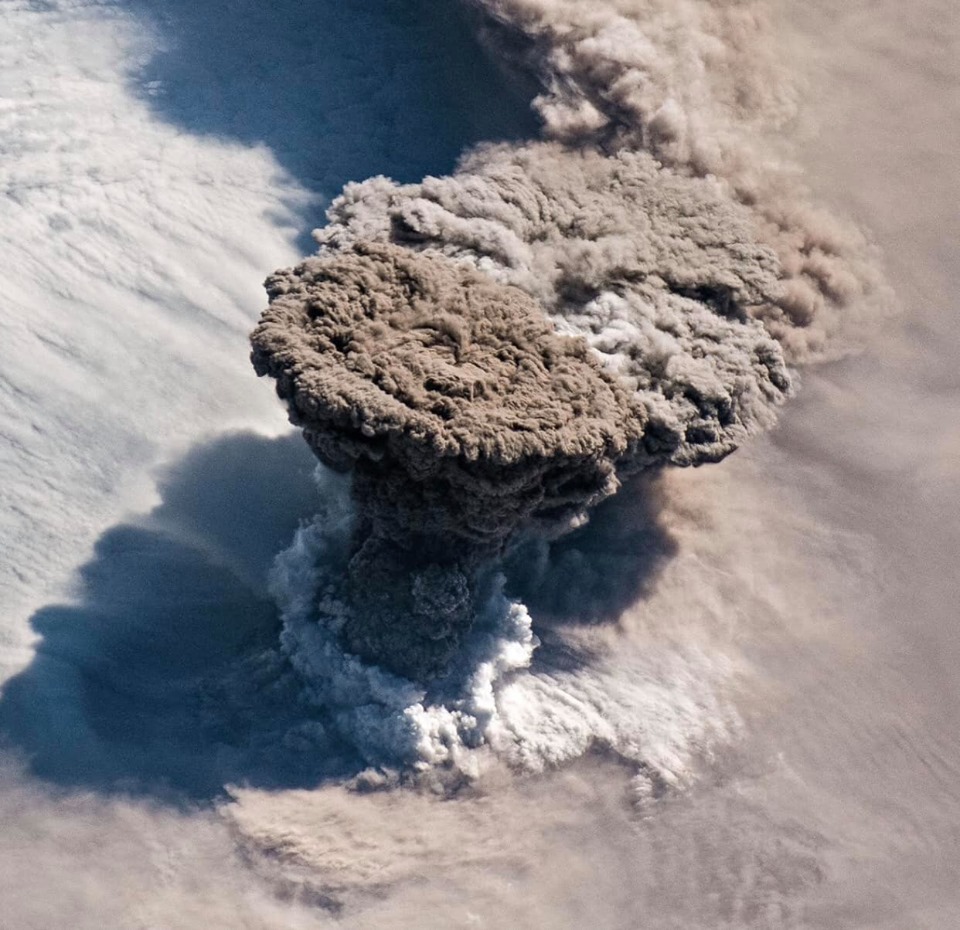 The eruption of Raikoke Volcano (Kuril Islands in the northwest Pacific Ocean), as seen from the International Space Station