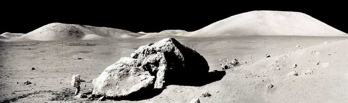 Astronaut Harrison Schmitt near Tracy's Rock, 3 km from the Moon landing site of Apollo 17 mission