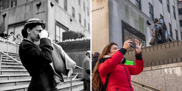 Side-by-side photos, taken at the same spot 68 years apart, 1