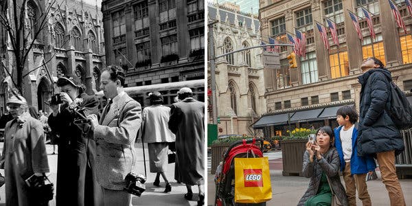 Side-by-side photos, taken at the same spot 68 years apart, 2