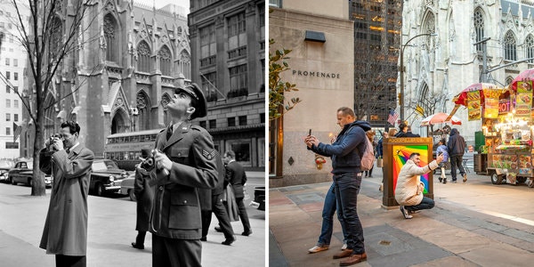 Side-by-side photos, taken at the same spot 68 years apart, 5