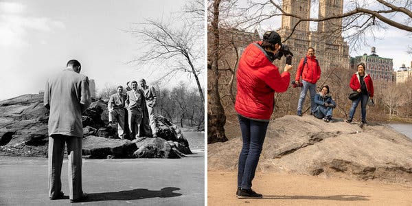 Side-by-side photos, taken at the same spot 68 years apart, 6