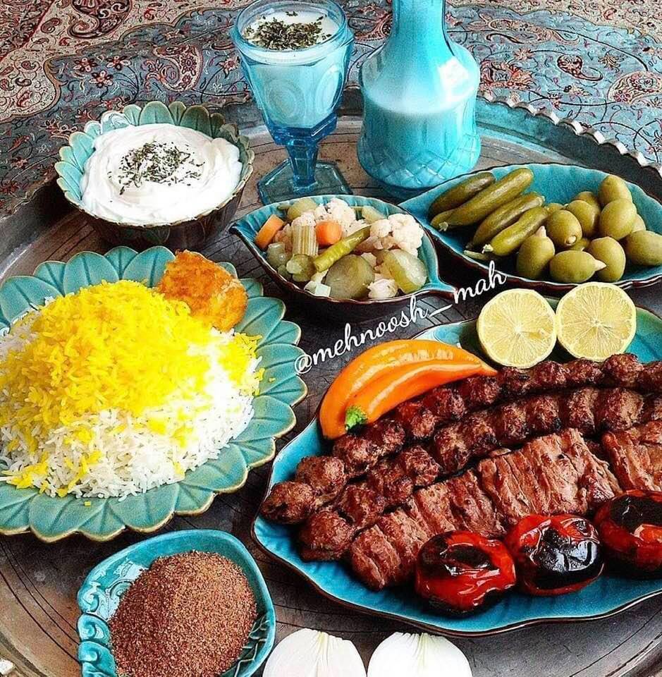 Sights from Tehran, Iran: A traditional chelow-kabob meal, with yogurt drink and condiments