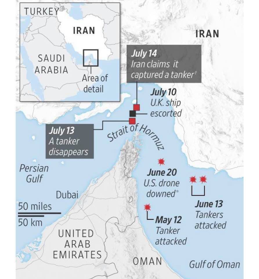 Map showing recent incidents in and around Strait of Hormuz
