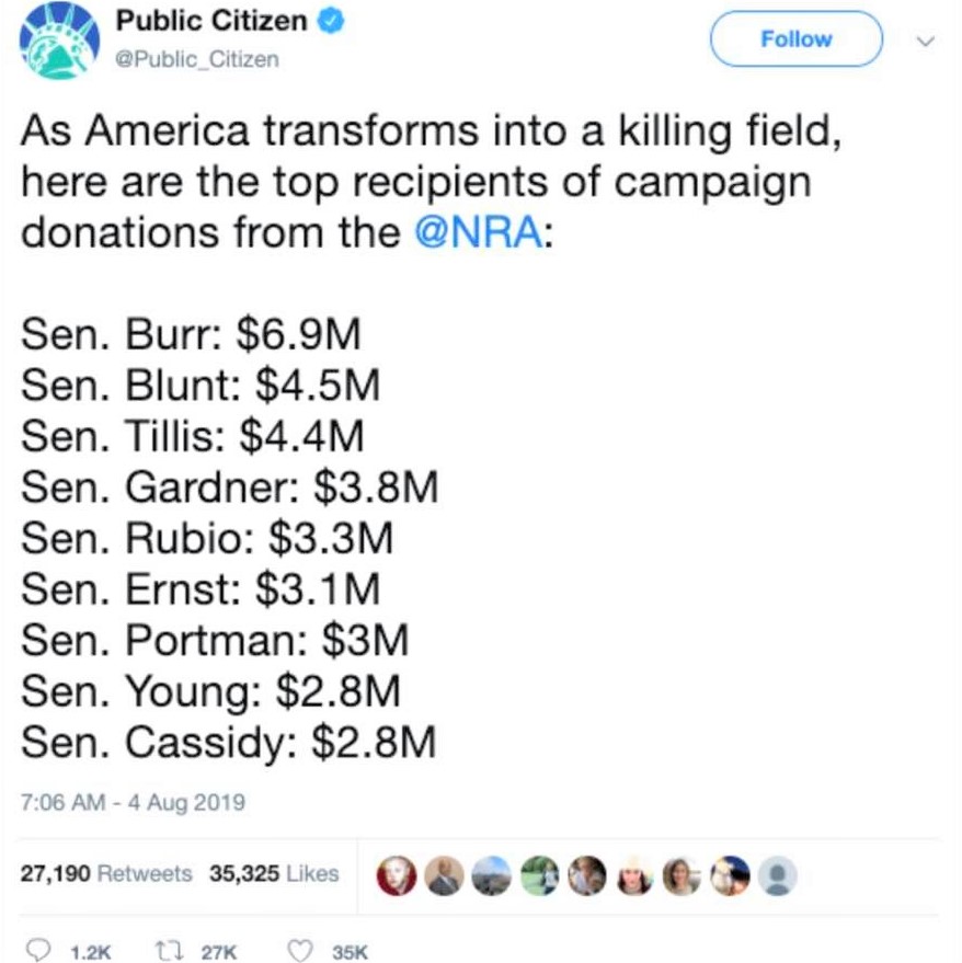 Tweet that indicates 9 US Senators received $3-7 million each in campaign contributions from the NRA