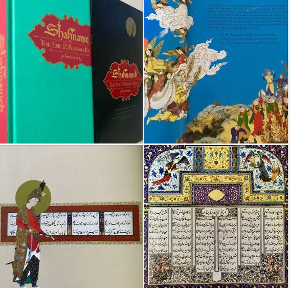 Cover image and box, along with sample pages, of an English translation of 'Shahnameh'