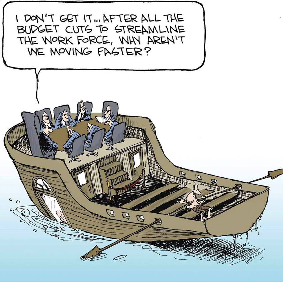 Cartoon: Management puzzled that streamlining the work force did not improve performance