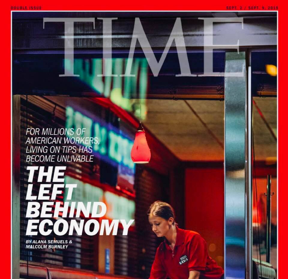 Time magazine's cover image, focusing on workers who live on tips, being paid as low as $2.13 per hour
