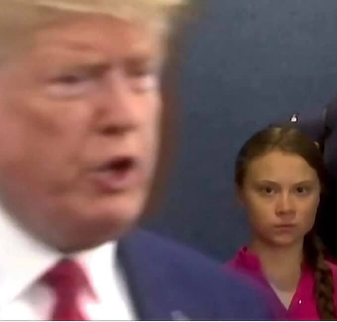 Greta Thunberg at the UN, watching in disbelief as Donald Trump walks by
